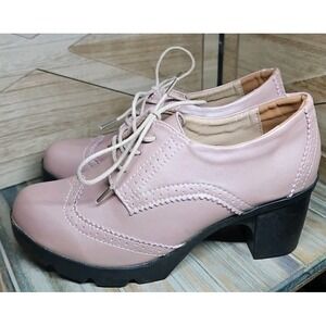 Retro Lolita Sz 10.5 Lace Up‎ Lug Sole Oxford Rose Gold Block Heel Shoes #499